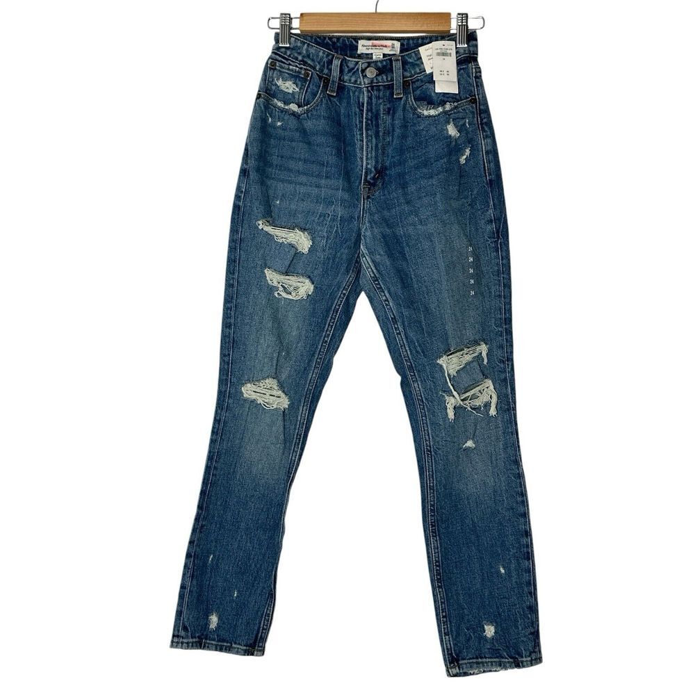Abercrombie Fitch High Rise Mom Jeans Women Size 24/00 Denim Blue Stretch‎ New